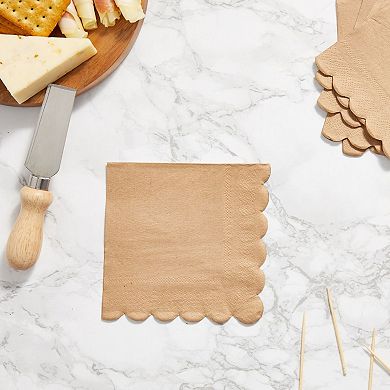 100 Pack Disposable Brown Paper Napkins With Scalloped Edges For Wedding, 5 In