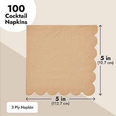 100 Pack Disposable Brown Paper Napkins With Scalloped Edges For Wedding, 5 In