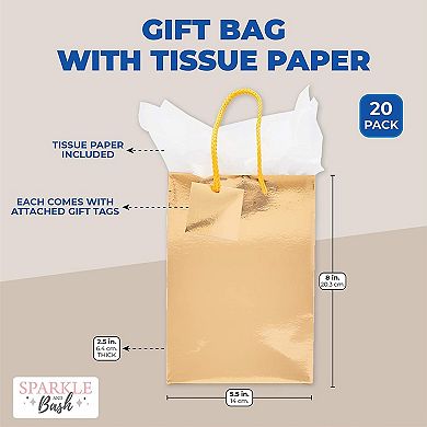 Gift Bag with Tissue Paper (Gold, 5.45 x 7.8 x 2.45 inches, 20-Pack)