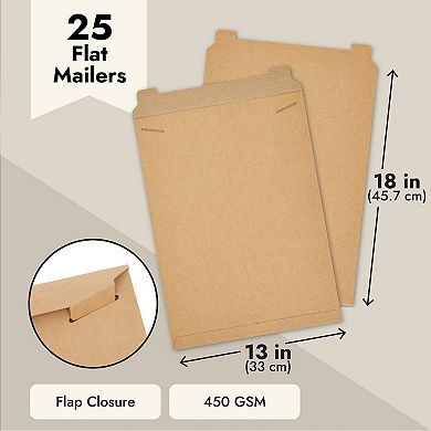 25 Pack Rigid Mailers That Stay Flat, Brown Cardboard Envelopes, 13x18 In