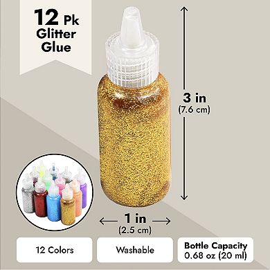 Neon Metallic Glue With Glitter Bottles For Arts And Crafts (20 Ml, 12 Pack)