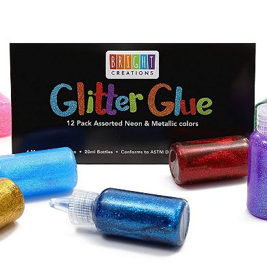 Neon Metallic Glue With Glitter Bottles For Arts And Crafts (20 Ml, 12 Pack)