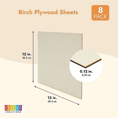 12x12 Wood Panels, Unfinished 3mm Birch Plywood Sheets (8 Pack)