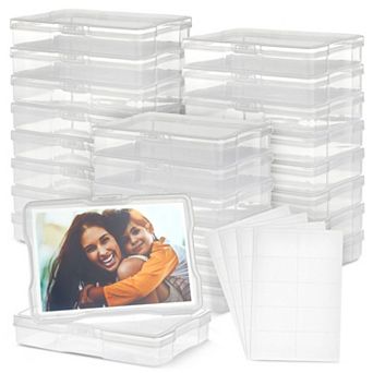 24x Clear Photo Storage Organizer Boxes For 4x6 in Pictures With 40 Blank Labels