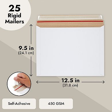 25 Pack White Rigid Shipping Envelopes For Documents, Self-adhesive, 9 X 12 In