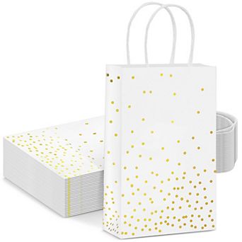 25 Pack Small Gift Bags With Handles White And Gold Foil Polka Dots (5.5x3x9 In)