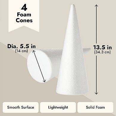 4 Pack Foam Cones For Diy Crafts, Holiday Gnomes, 5.5x13.5", White