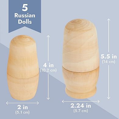 5 Piece Set Unpainted Blank Russian Nesting Dolls For Diy Crafts, Art Projects