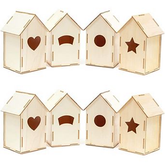 8x Mini Unfinished Wood Diy Birdhouse For Craft, Natural, 3.8 X 7 X 3.8 Inch