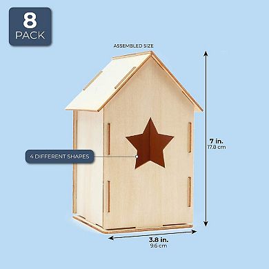 8x Mini Unfinished Wood Diy Birdhouse For Craft, Natural, 3.8 X 7 X 3.8 Inch