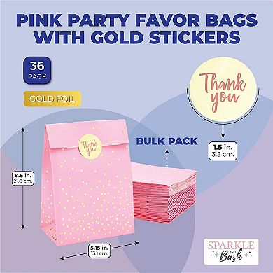 Pink Gift Bag, Party Favor Bags With Gold Stickers (5.15 X 8.6 In, 36 Pack)