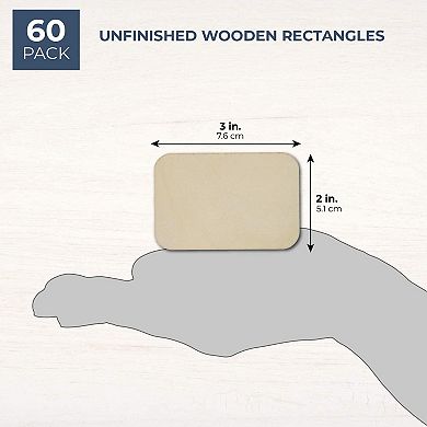 60 Pack Unfinished Wood Cutouts For Crafts, Rectangle Wooden Slices, 2 X 3 In