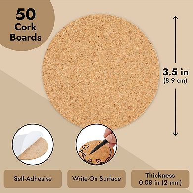 50 Pack Self-adhesive Cork Coaster Backing For Diy Crafts, 3.5 In, 1/8" Thick