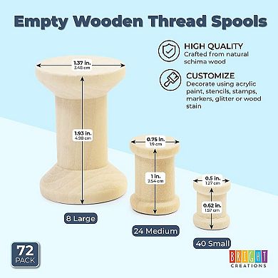 72 Pack Unfinished Wooden Spools For Crafts And Sewing Diy Project, 3 Sizes