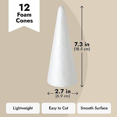 12 Pack Foam Cones For Diy Crafts, Holiday Gnomes, 2.7x7.3", White