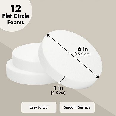 12 Pack Foam Circles For Crafts, Diy Projects, Cake Dummies, 6x6x1 In, White