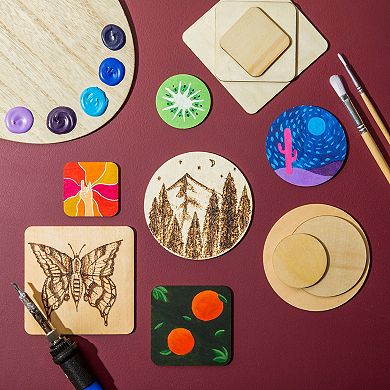 130 Pack Unfinished Wooden Circles And Squares For Wood Burning, 3 Sizes