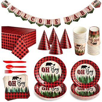 170 pc Lumberjack Baby Shower Decorations for Boy, Buffalo Plaid Party Supplies