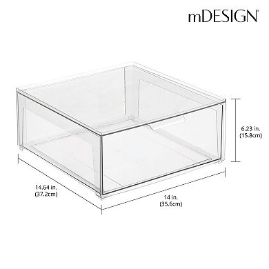 mDesign Plastic Stacking Closet Storage Organizer Bin with Drawer, 2 Pack, Clear