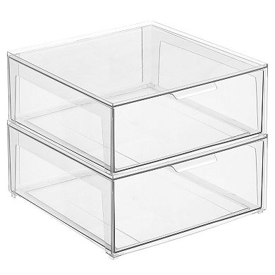 mDesign Plastic Stacking Closet Storage Organizer Bin with Drawer, 2 Pack, Clear