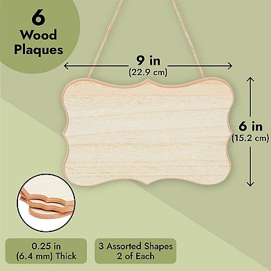 6-pk Mdf Unfinished Wood Plaques For Crafts With Jute Rope, 9x6 Inch Wooden Sign