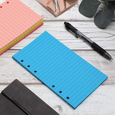 6 Pack 40 Sheets Each 6 Hole Ring Punch Lined Filler Paper, 6.8x3.75", Neon