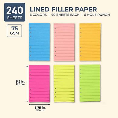 6 Pack 40 Sheets Each 6 Hole Ring Punch Lined Filler Paper, 6.8x3.75", Neon