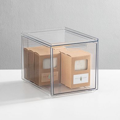 mDesign Plastic Stackable Bathroom Storage Organizer with Drawer, 4 Pack, Clear