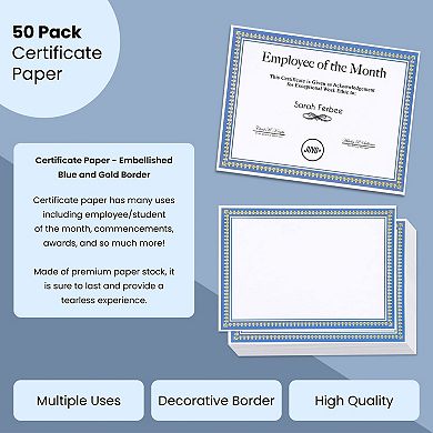 50 Pack Blank Award Certificate Blue Border Paper - Printer Fit, 8.5 X 11 Inch