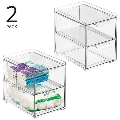 mDesign Stackable Plastic Storage Bath Bin - 2 Pull-Out Drawers - 2 Pack, Clear