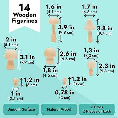 Mini Wooden Mushrooms To Paint, Unfinished Wood Figurines (7 Sizes, 14 Pack)