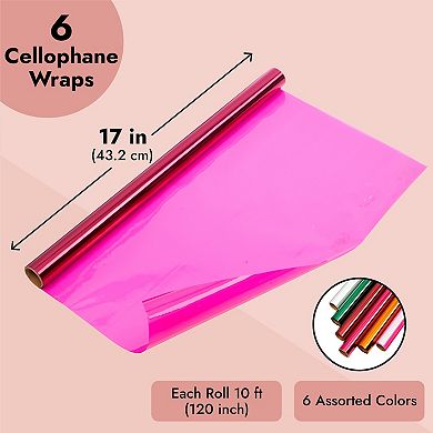 6 Roll Clear Colored Cellophane Wrap Roll For Gift Wrapping, 6 Colors, 17" X 10'