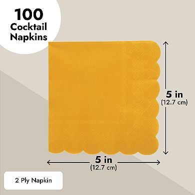 100 Pack Mustard Yellow Scalloped Cocktail Napkins 5 X 5 Folded, 2-ply