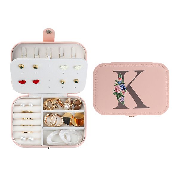 Letter Travel Jewelry Box Pu Leather Organizer Storage For Women Girls Birthday Gifts - Pink Letter K