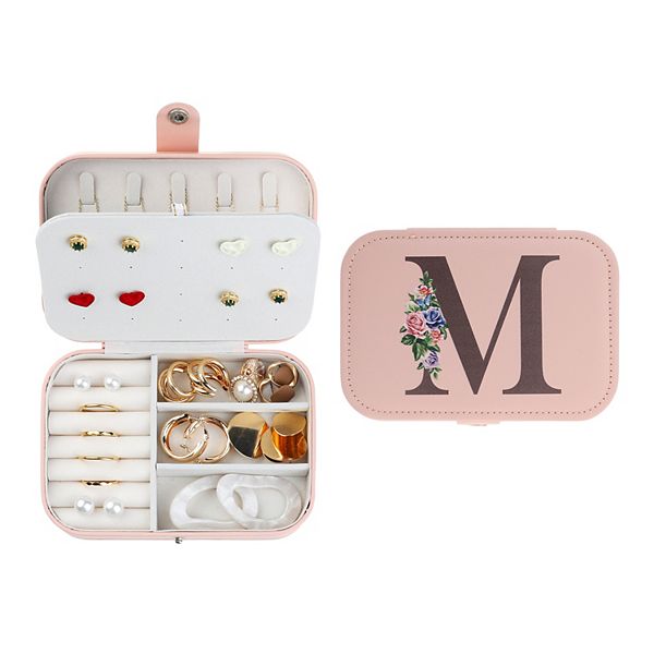 Letter Travel Jewelry Box Pu Leather Organizer Storage For Women Girls Birthday Gifts - Pink Letter M