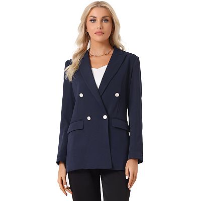 Lapel Collar Dressy Casual Work Office Business Blazer, Dark Blue / S