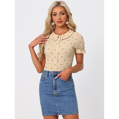 Women's Casual Peter Pan Collar Blouse Textured Stars Button Down Ruffle Top