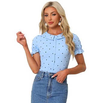 Women's Casual Peter Pan Collar Blouse Textured Stars Button Down Ruffle Top