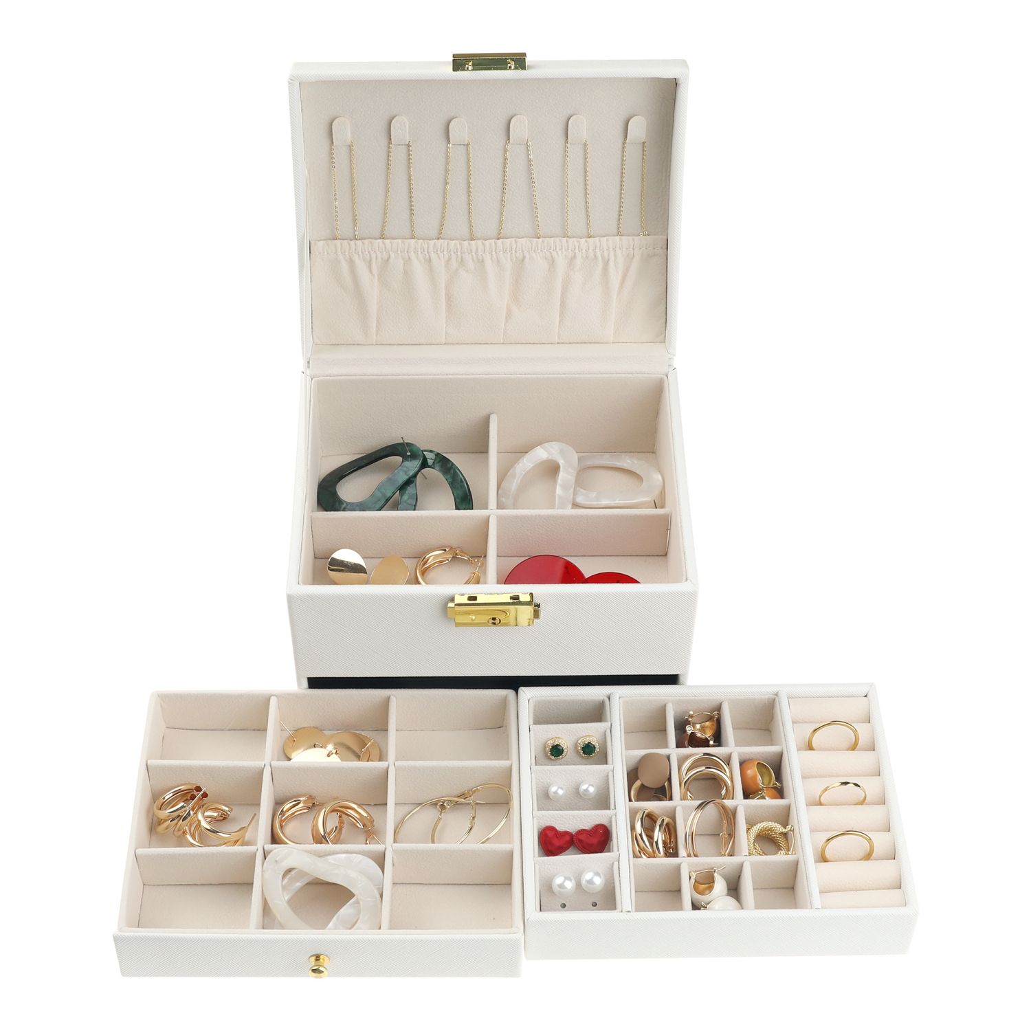 GUKA 2-Layer Jewelry Box Organizer For Women – White, Leather Finish, Modular Storage For Earrings, Rings, Necklaces