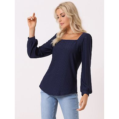 Women's Casual Jacquard Hollow Out Shirt Square Collar Long Sleeve Pullover Tops