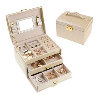3 Layer Pu Leather Jewelry Box Organizer Storage With Mirror For Women Girl Birthday Gift
