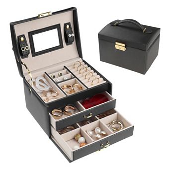 3 Layer Pu Leather Jewelry Box Organizer Storage With Mirror For Women Girl Birthday Gift