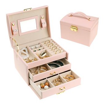 3 Layer Pu Leather Jewelry Box Organizer Storage With Mirror For Women Girl Birthday Gift