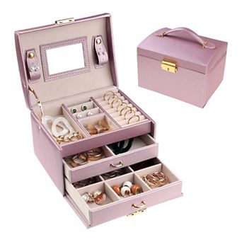 3 Layer Pu Leather Jewelry Box Organizer Storage With Mirror For Women Girl Birthday Gift
