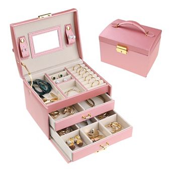 3 Layer Pu Leather Jewelry Box Organizer Storage With Mirror For Women Girl Birthday Gift