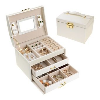 3 Layer Pu Leather Jewelry Box Organizer Storage With Mirror For Women Girl Birthday Gift