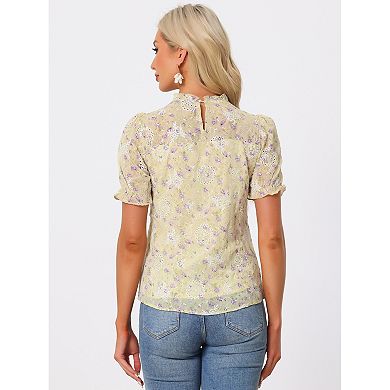 Women's Summer Lace Tops Ruffle Collar Short Sleeve Sheer Embroidery Lace Blouses Shirts