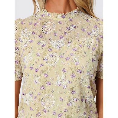 Women's Summer Lace Tops Ruffle Collar Short Sleeve Sheer Embroidery Lace Blouses Shirts