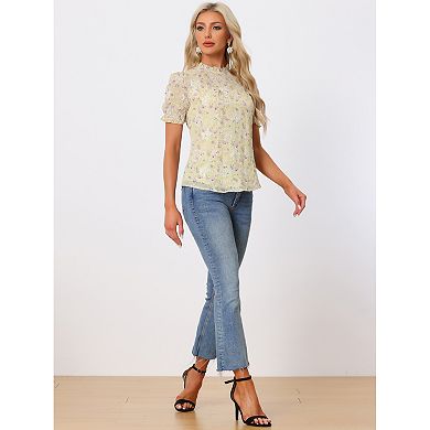 Women's Summer Lace Tops Ruffle Collar Short Sleeve Sheer Embroidery Lace Blouses Shirts