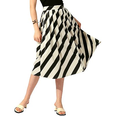 Vintage Striped Pleated A Line Flared Pocketed Midi Skirt Black Apricot L